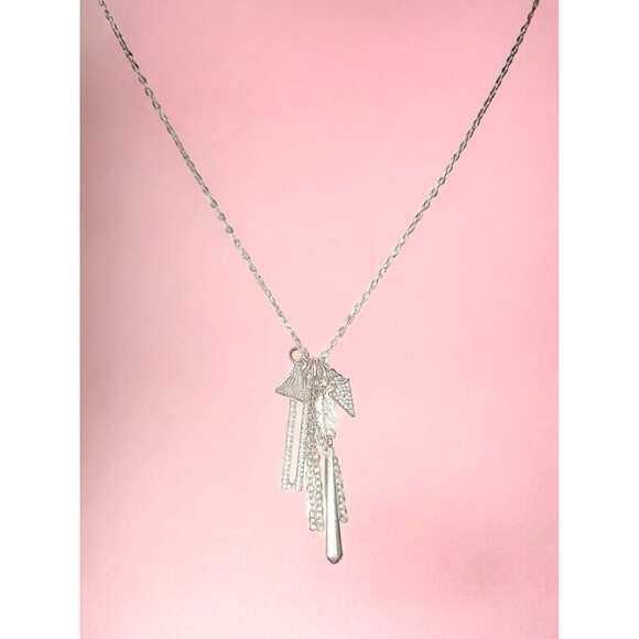 Boho Rhinestone Cluster Pendant Charm Necklace Silver Tone 30" - Picture 2 of 2